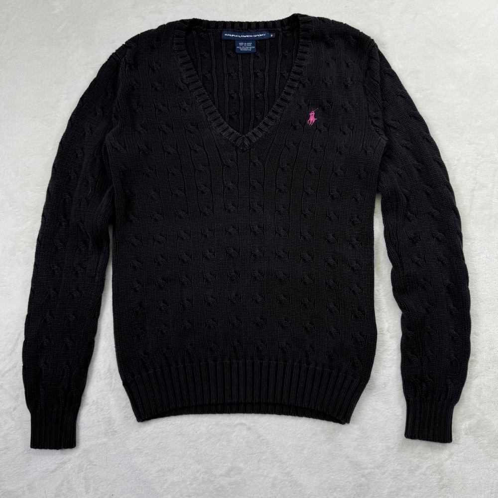 Ralph Lauren Sport Womens V-Neck Cable Knit Cotton Sweater Black Pink Pony M